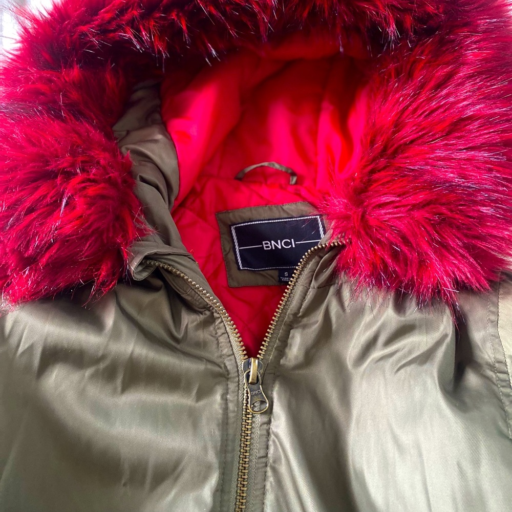 Red fur collar bomber jacket